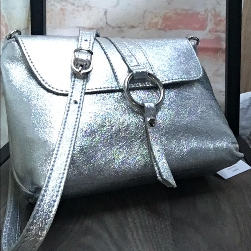 New Designer Italian Leather Holiday Trending Metallic Silver Foil Crossbody Bag